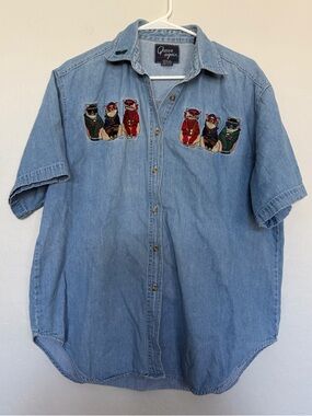 Vintage Quizz Again cat button denim style shirt size large